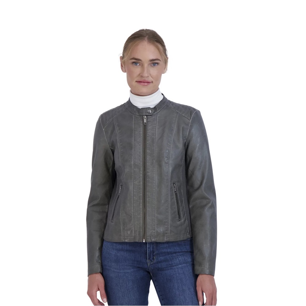 Women's Metallic Grey Faux-Leather Jacket Size M